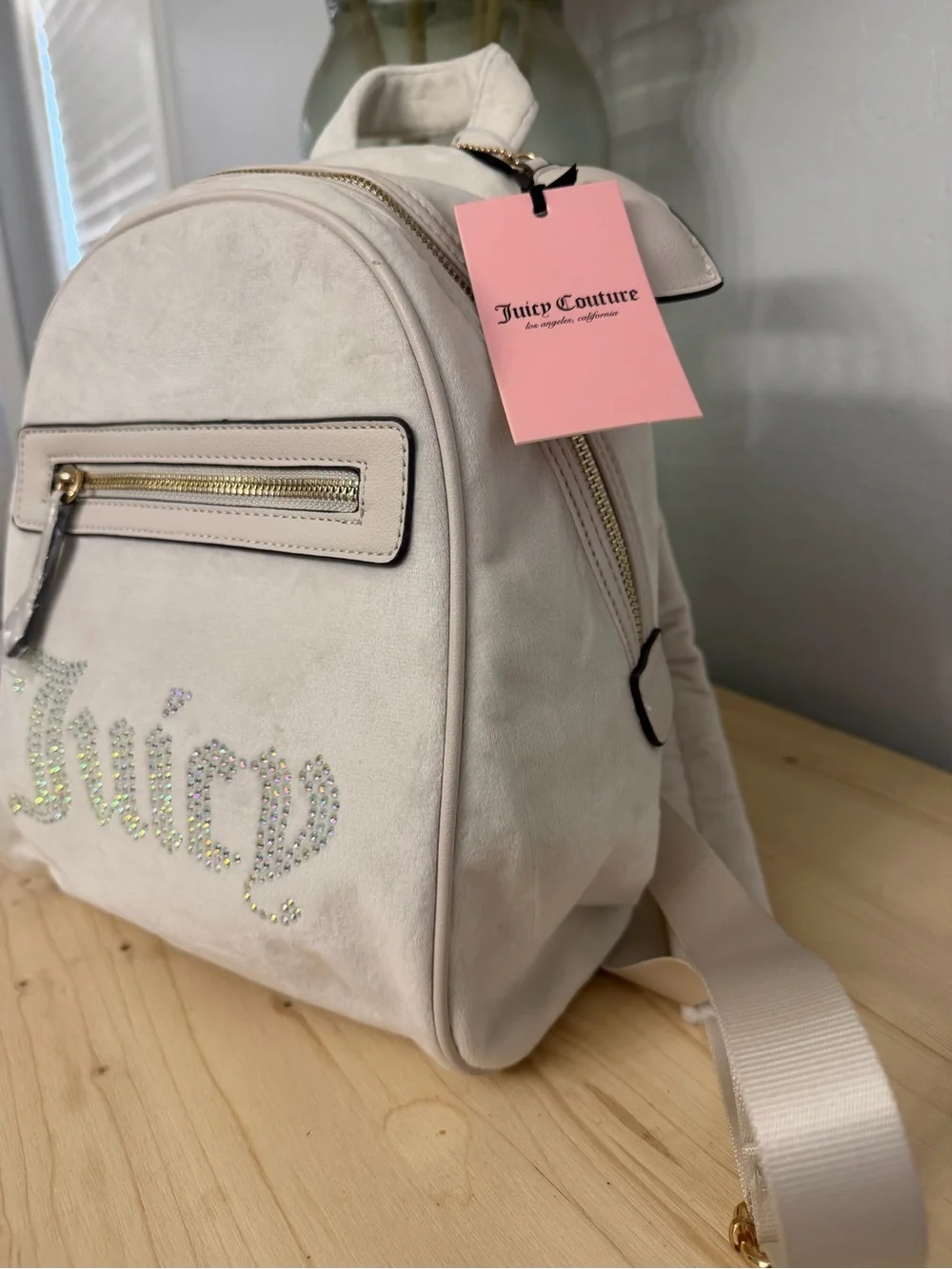 Juicy Couture Cream Rhinestone Logo Mini Backpack with Zip Pocket